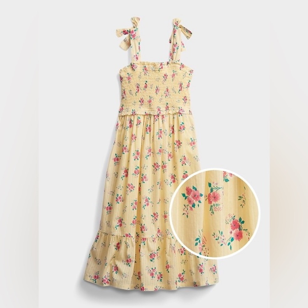 ❤️ Loveshack Fancy style 100% cotton floral smocked shoulder tie tier midi dress